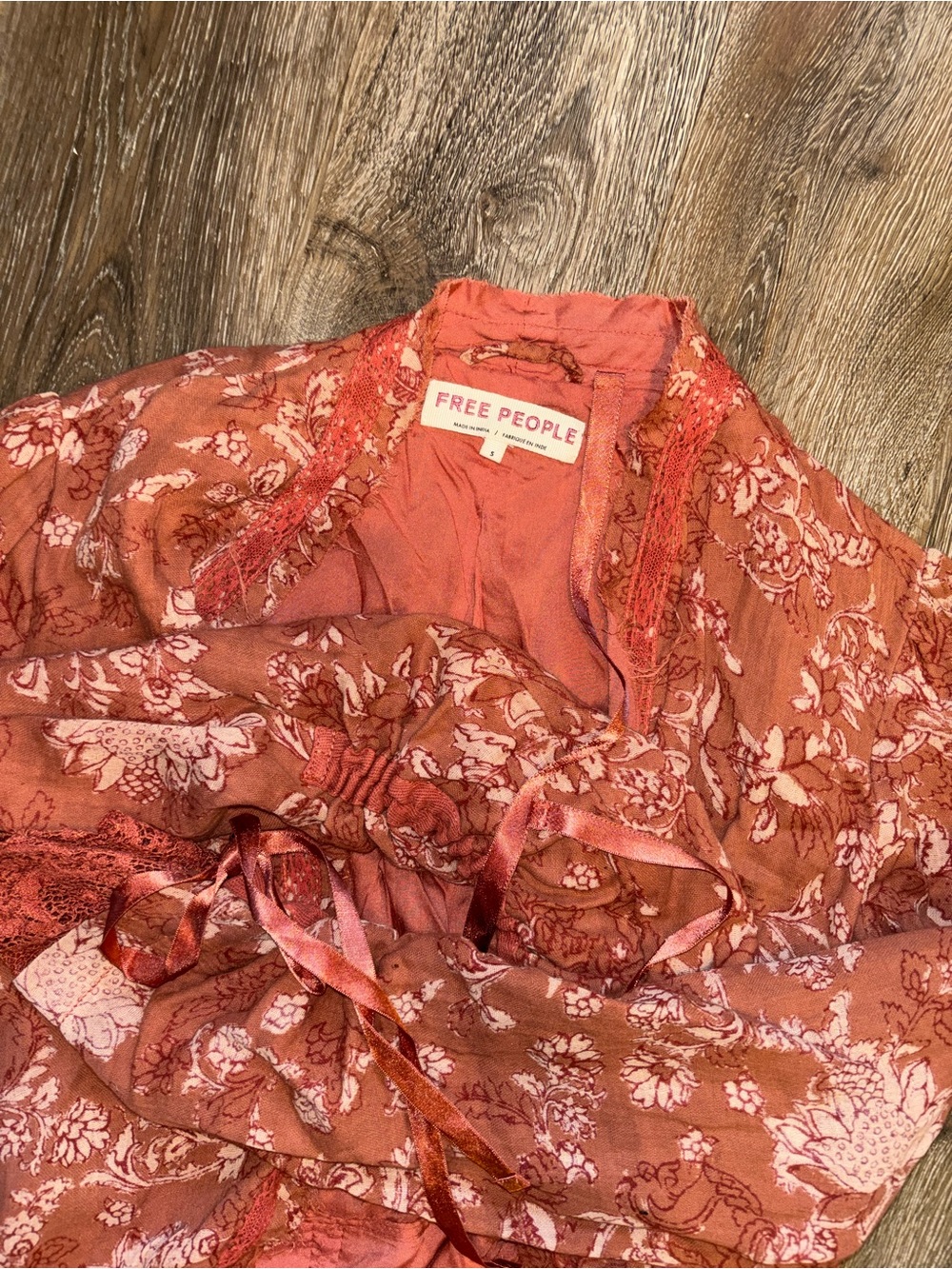Free People Lara Double Cloth Duster Floral Cottagecore Ribbon Duster Pink Small - Picture 7 of 9